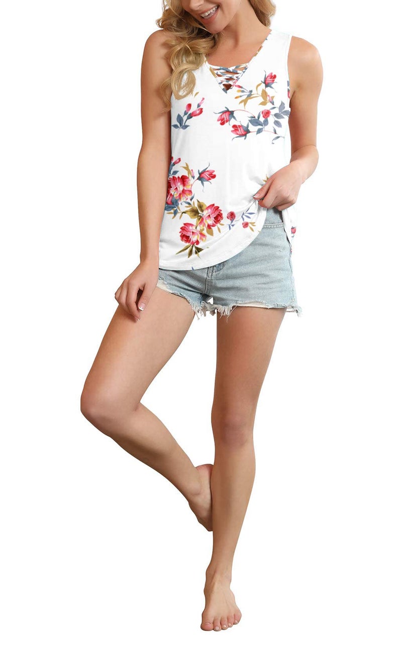 Feiersi Women's Sleeveless Criss Cross Print Casual Tank Tops Basic Blouse(Floral White,X-Large) - Image 5